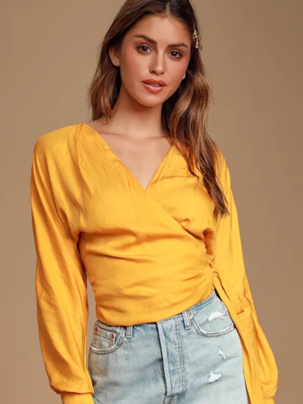 Lulus Golden Yellow Long Sleeve Wrap Top, size:XS